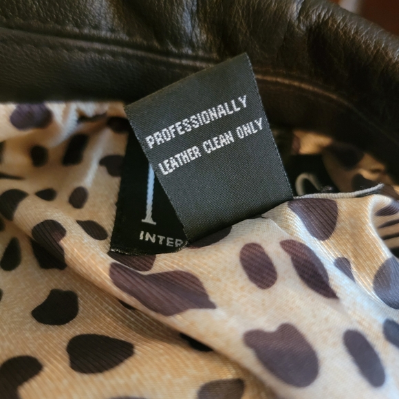 INC Leather Mid-length Coat sz L Chocolate Brown w/ Leopard lining - Picture 5 of 8